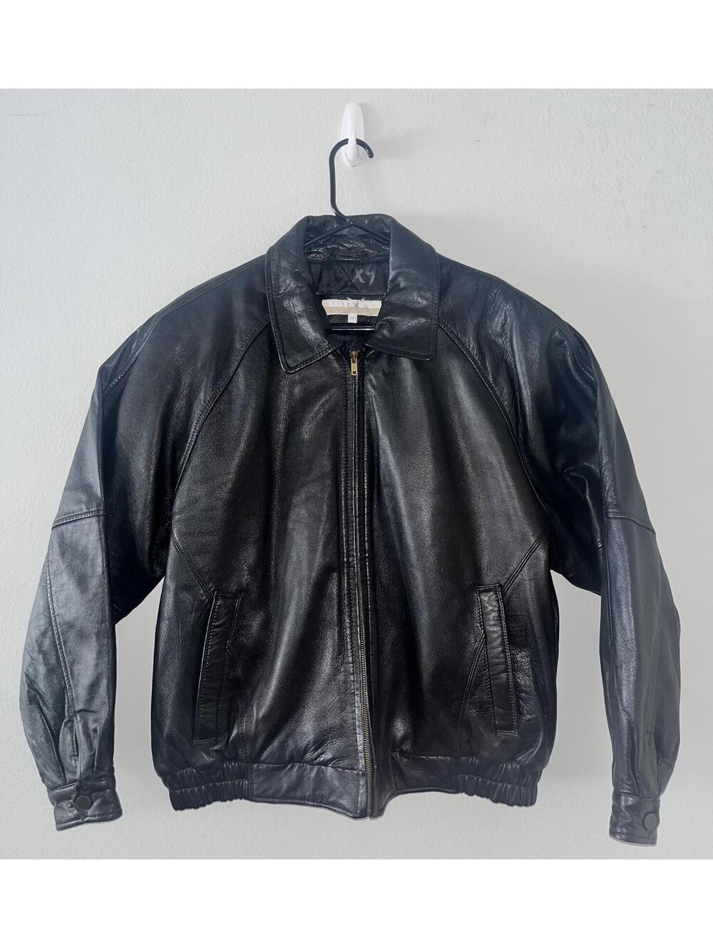 Perry Ellis Black Leather Bomber Jacket Quilted Lining Men’s Size Medium
